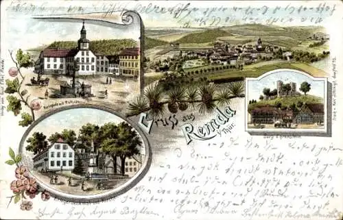 Litho Remda in Thüringen, Panorama, Marktplatz, Rathaus, Kirche, Burg Ehrenstein, Denkmal