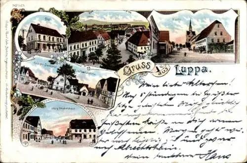 Litho Deutsch Luppa Wermsdorf in Sachsen, Kirche, Post, Kriegerdenkmal, Friedenseiche