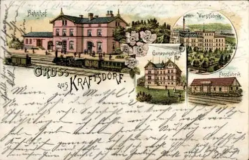 Litho Kraftsdorf Thüringen, Bahnhof, Wurstfabrik, Genesungsheim, Fassfabrik