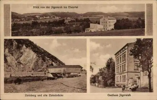 Ak Gera in Thüringen, Gasthaus Jägersruh, Blick ins Elstertal, Zoitsberg, alte Elsterbrücke