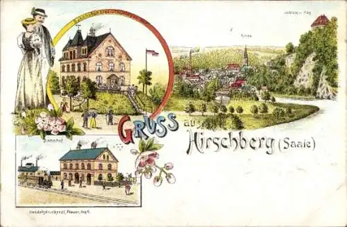 Litho Hirschberg an der Saale, Bahnhofshotel, Bahnhof, Kirche, Schloss, Hag