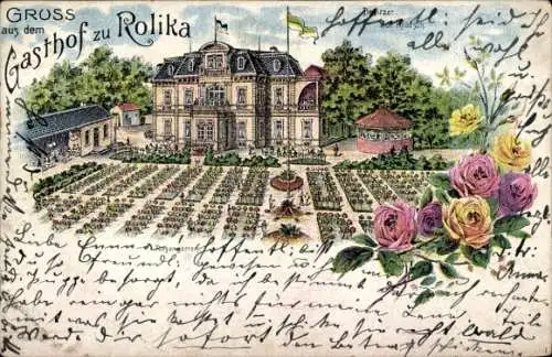 Litho Rolika Dobitschen in Thüringen, Gasthof zu Rolika, Garten