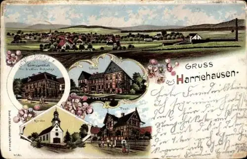 Litho Harriehausen Bad Gandersheim, Panorama, Gastwirtschaft Gustav Schlange, Schule, Kirche, Post