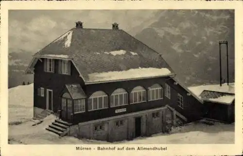 Ak Mürren Kanton Bern Schweiz, Bahnhof auf dem Allmendhubel, Winteransicht