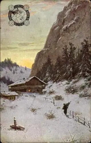 Ak Wohnhaus, Winter, Schnee, Tannenbäume, Werbung, Uhrenfabrik in Brüx von Hans Konrad