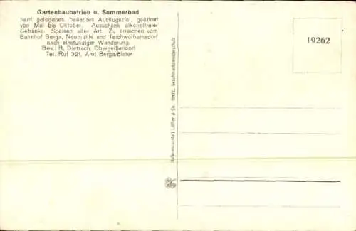 Ak Obergeißendorf Berga an d. Weißen Elster, Totale, Steingarten, Gartenbaubetrieb R. Dietzsch