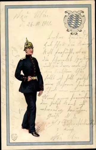 Litho Deutscher Soldat in Uniform, Pickelhaube, Wappen