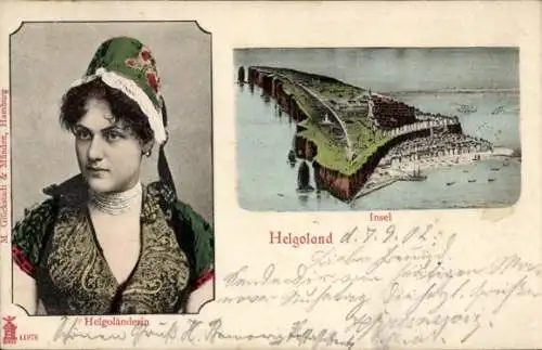 Ak Nordseeinsel Helgoland, Totalansicht, Frau in Tracht