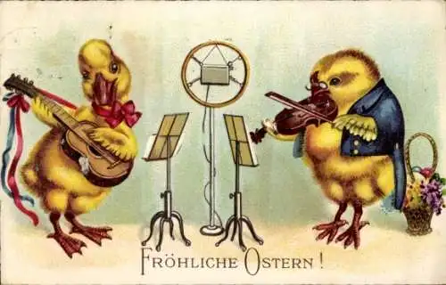 Ak Glückwunsch Ostern, Musizierende Küken, Geige, Gitarre, Mikrofon