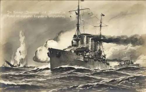 Künstler Ak Stöwer, Willy, deutsche Kreuzer Strassburg und Stralsund, engl. Torpedo- und U-Boote