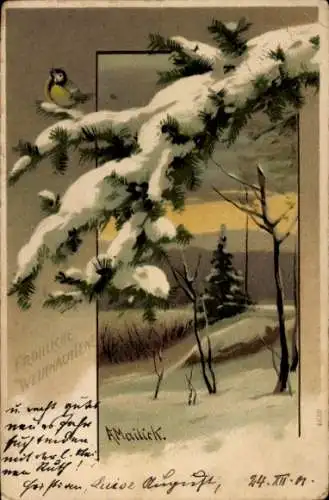Künstler Ak Mailick, Frohe Weihnachten, Wintermotiv, Meise auf Tannenzweig
