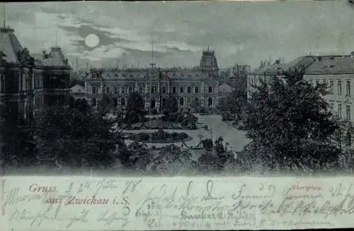 Mondschein Ak Zwickau in Sachsen, Albertplatz bei Nacht