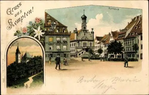 Litho Kempten im Allgäu Schwaben, Rathaus, Burghalde