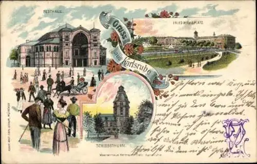 Litho Karlsruhe in Baden, Festhalle, Friedrichsplatz, Schlossturm