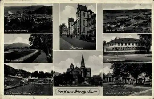 Ak Merzig an der Saar, Stadthaus, Kreissparkasse, Pfarrkirche, Schwimmbad Heilborn