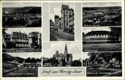 Ak Merzig an der Saar, Stadthaus, Kreissparkasse, Schloss von Fellenberg, Schwimmbad Heilborn