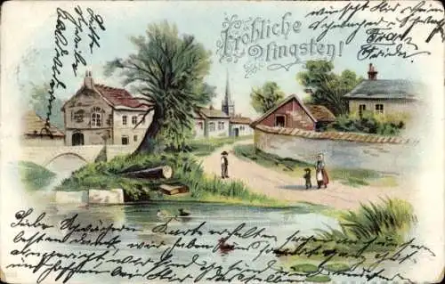 Litho Glückwunsch Pfingsten, Dorfpartie, Kirche, Häuser