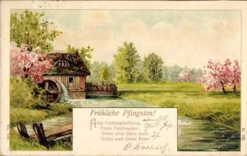 Litho Glückwunsch Pfingsten, Ortspartie, Wassermühle