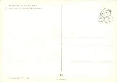 Ak Mainzelmännchen mit Steckenpferden, Springreiten, Reitplatz