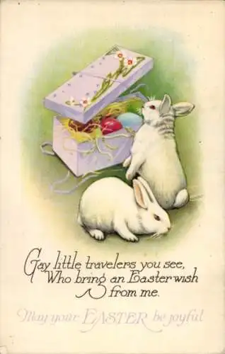 Ak Glückwunsch Ostern, Weiße Osterhasen, Ostereier, Truhe