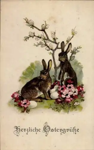 Ak Glückwunsch Ostern, Osterhasen, Blumen, Ostereier, Weidenkätzchen