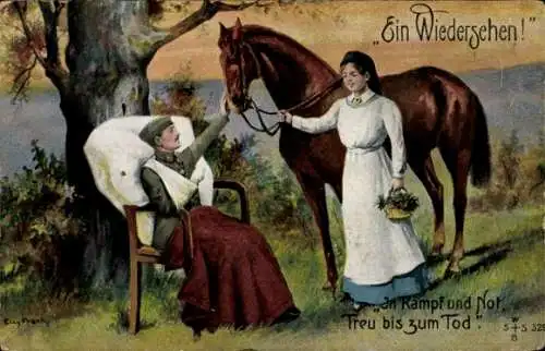 Ak In Kampf und Not, treu bis in den Tod, verwundeter Soldat, Pferd, Krankenschwester