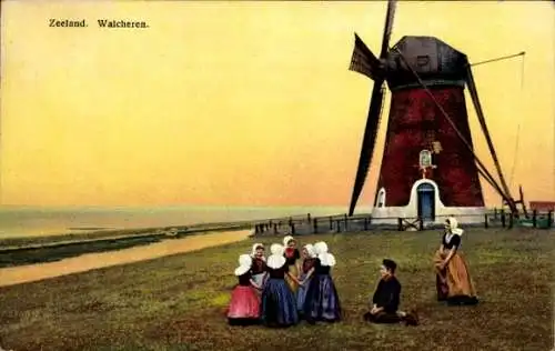 Ak Walcheren Zeeland, Trachten, Windmühle, Nenke und Ostermaier 163 2934, Photochromie