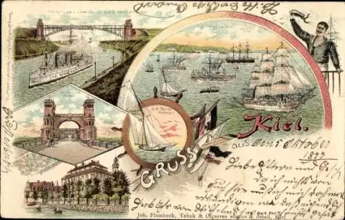 Litho Kiel, Schloss, Schiffe, Matrose, Hochbrücke Levensau, SMY Meteor