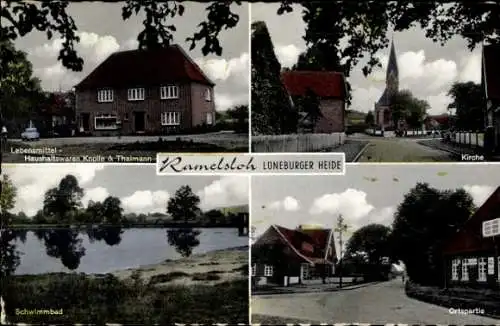 Ak Ramelsloh Seevetal in Niedersachsen, Kirche, Schwimmbad, Geschäft Knoller Thalmann