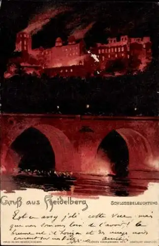 Ak Heidelberg am Neckar, Schlossbeleuchtung, Nacht, Brücke