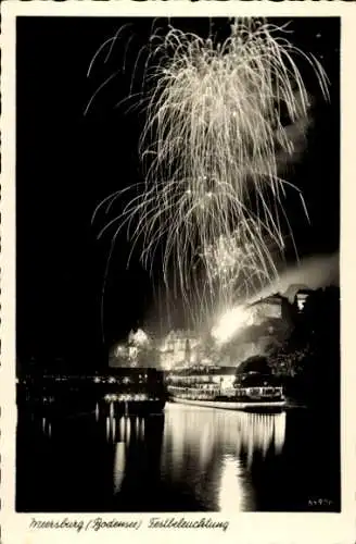 Ak Meersburg am Bodensee, Teilansicht, Schiff, Feuerwerk, Festbeleuchtung