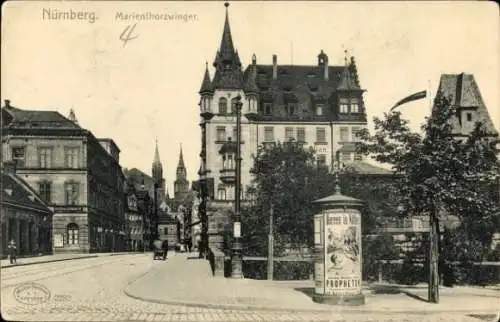 Ak Nürnberg in Mittelfranken, Marientorzwinger, Litfaßsäule, Kirchtürme