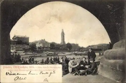 Ak Dresden, Elb Klondyke 1904, Skatpartie unter Kronpfeiler der Augustusbrücke