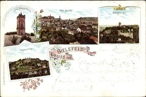 Litho Bielefeld in Nordrhein Westfalen, Dreikaiserturm, Stadtansicht, Sparrenburg, Johannisberg