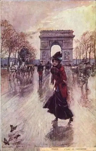 Künstler Ak Stein, Paris, L'Arc de Triomphe de l'Etoile, Frau, Kutsche