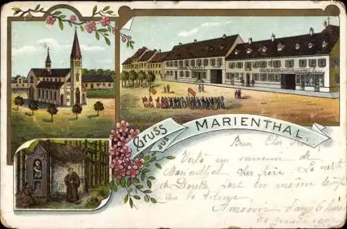 Litho Marienthal Haguenau Hagenau Elsass Bas Rhin, Kirche, Hotel und Restauration zum Engel