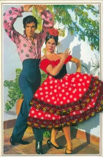 Stoff Ak Spanische Tracht, Tanzpaar, Frau in rotem Kleid