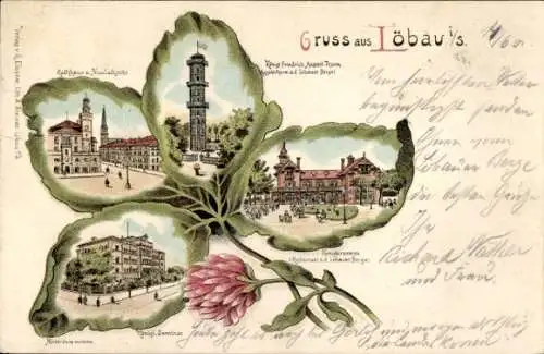 Kleeblatt Litho Löbau in Sachsen, Rathaus, Nicolaikirche, Seminar, Honigbrunnen, Löbauer Berg, Turm