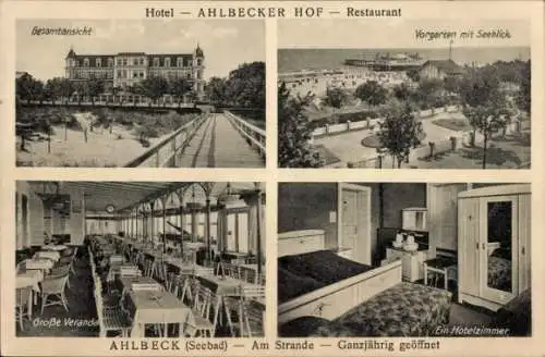 Ak Ostseebad Ahlbeck auf Usedom, Hotel Ahlbecker Hof, Vorgarten, Seebrücke, Hotelzimmer, Veranda