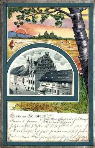 Litho Neustadt an der Orla, Rathaus, Wasserpartie mit Sonnenuntergang