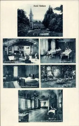 Ak Berga an der Weißen Elster Thüringen, Hotel Rathaus, Fremdenzimmer, Garten, Speisesaal