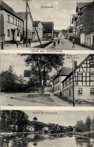 Ak Schlettwein Pößneck in Thüringen, Dorfstraße, Mühlenteich, Dorfplatz, Kirche