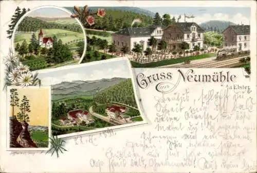 Litho Neumühle an der Weißen Elster Thüringen, Bahnhof, Gasthof