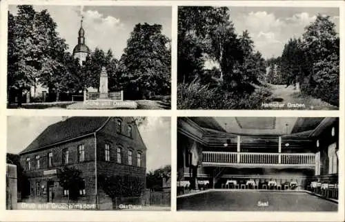 Ak Großhelmsdorf Heideland in Thüringen, Gasthof zum grünen Baum, Saal, Kirche, Denkmal