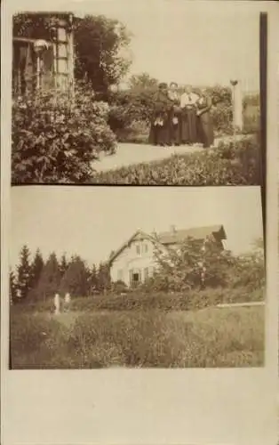 Foto Ak St. Alban Dießen am Ammersee Oberbayern, Frauen in einem Garten, Wohnhaus