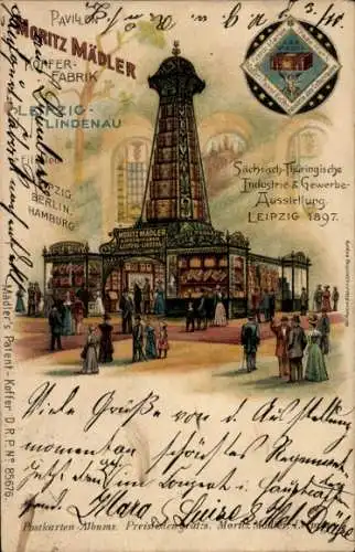 Litho Sächs. Thür. Industrie und Gewerbeausstellung Leipzig 1897, Kofferfabrik Moritz Mädler