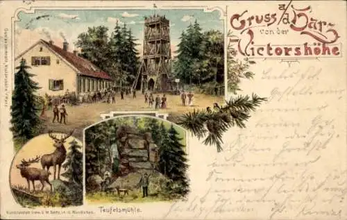 Litho Gernrode Quedlinburg im Harz, Victorshöhe, Gastwirtschaft und Aussichtsturm, Teufelsmühle