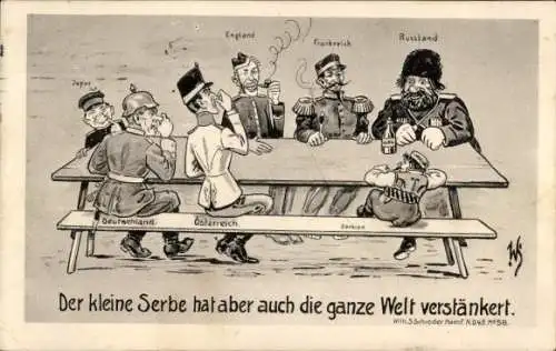 Künstler Ak Scheuermann, Willi, Der kleine Serbe hat die ganze Welt verstänkert, Karikatur