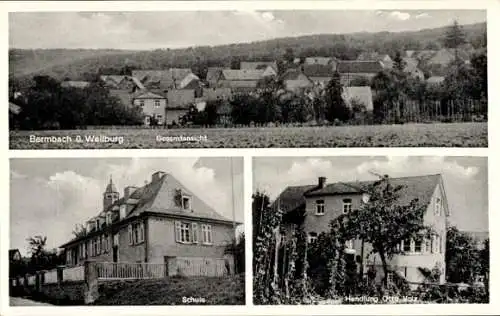 Ak Bermbach Weilburg im Lahntal, Gesamtansicht, Schule, Geschäftshaus