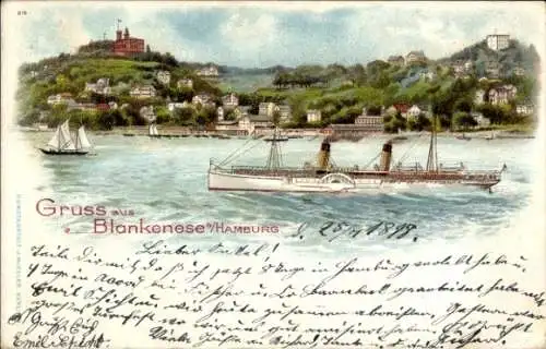 Litho Hamburg Altona Blankenese, Süllberg, Salondampfer auf der Elbe, Villenviertel, Segelboot